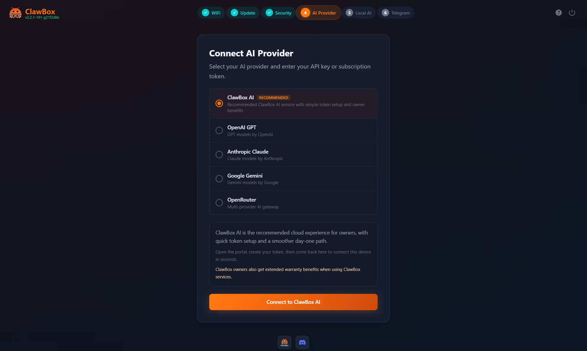 ClawBox AI 提供商设置界面