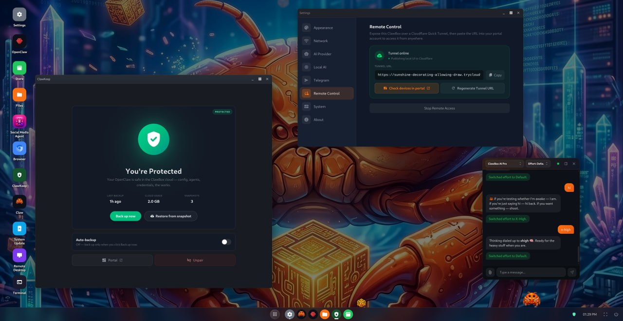 ClawBox 3.0 desktop with ClawKeep, Remote Control, and ClawBox AI